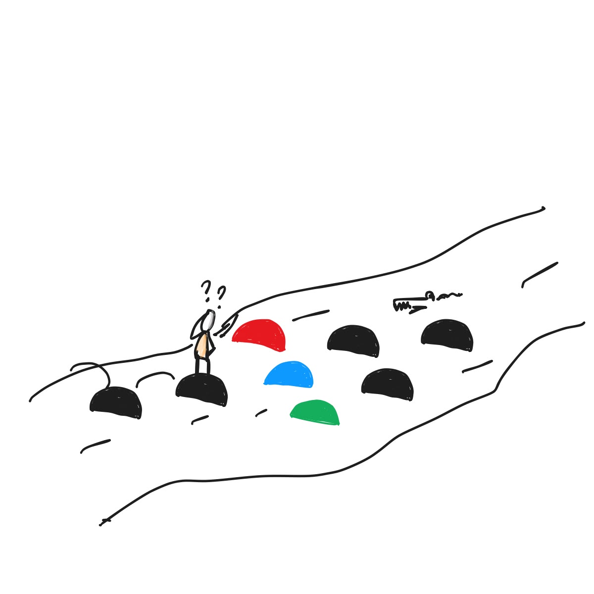 Chetan's hand-drawn person choosing among stepping stones across a river